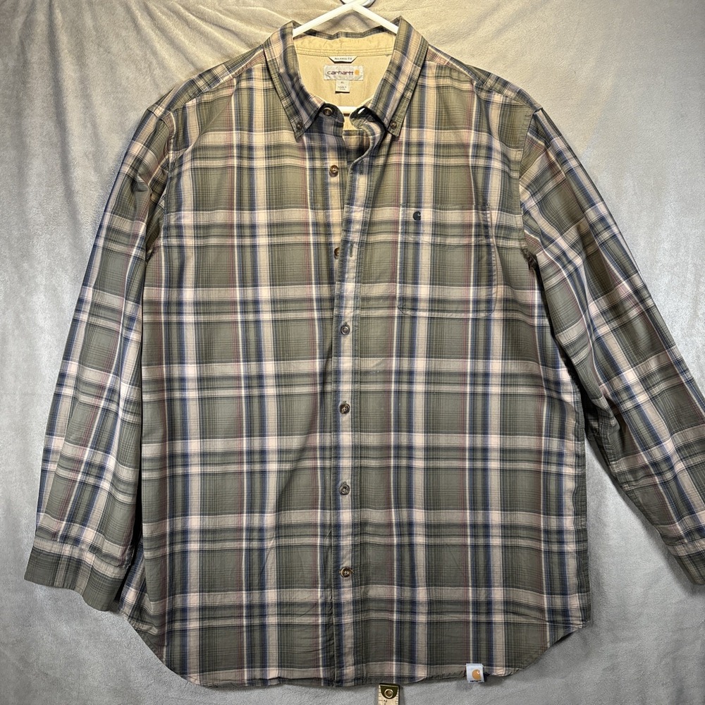 Carhartt Flannel Shirt Men's (XL) Plaid Relaxed Fit Workwear Button Up Green